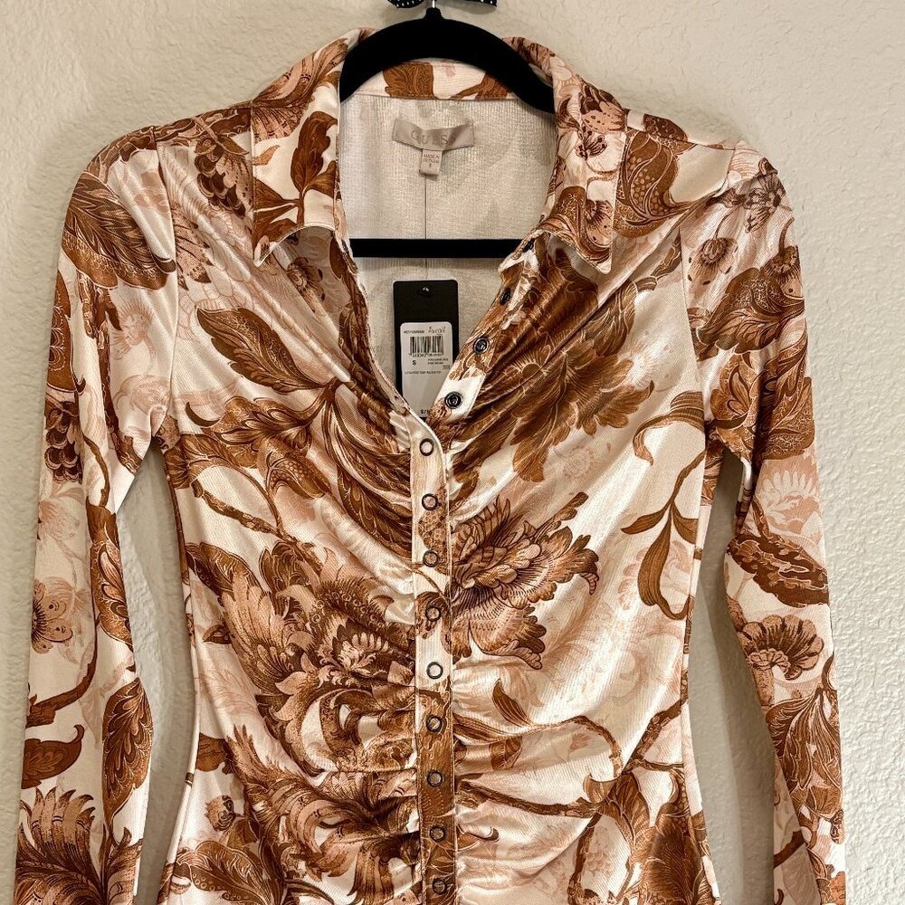 Guess Milana Floral Print Ruched Snap Front Top Brown Long Sleeve Shirt Small - Picture 2 of 8
